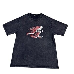 LAIXTON Mens 2XL Skeleton Skateboarder Flame Graphic Acid Wash Tee Charcoal